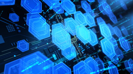 Abstract Digital Blue Hexagons, Concept of AI Artificial Intelligence Technology background, 3D rendering