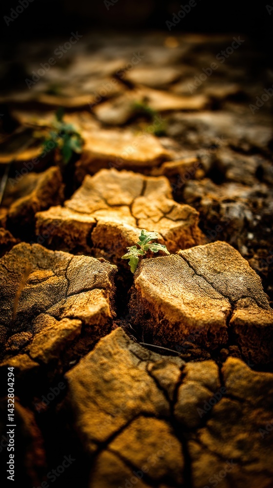 Poster arid land with cracked soil and sparse vegetation symbolizing resilience and adaptation in a harsh e
