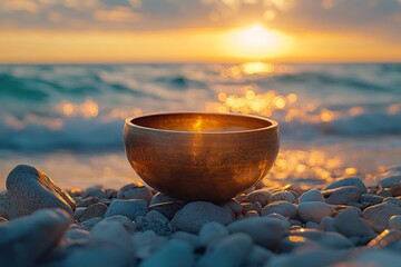 Golden sound bowl on a beach at sunset