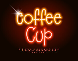 Vector Advertising signboard Coffee Cup for Cafe. Funny Led Light Font. Bright Neon Alphabet Letters and Numbers set.