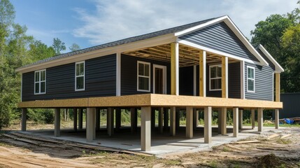 New dark gray house under construction on elevated foundation, with porch framing.