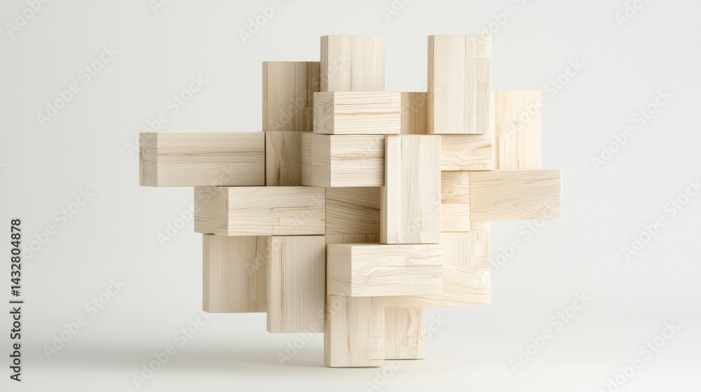 Poster a collection of light-colored wooden blocks arranged in a unique, abstract pattern.