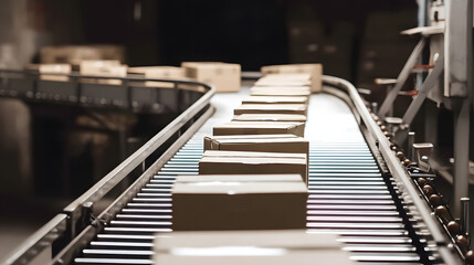 A close-up shot of cardboard boxes on the conveyor belt, representing logistics, packaging, and the flow of goods in a warehouse or production environment.
