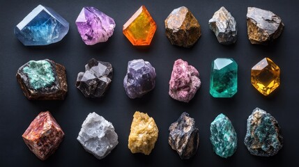 Collection of various colorful gemstones and crystals on dark background.