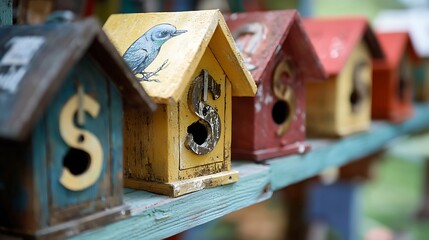 Wooden birdhouses with dollar symbol hanging on a wooden wall.