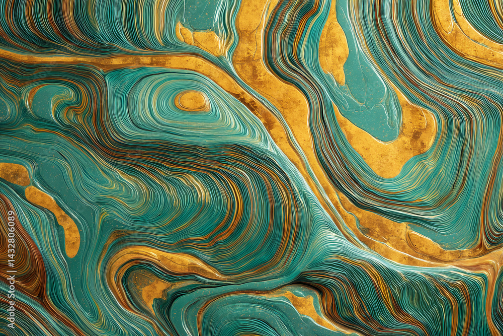 Poster Abstract teal and gold layered texture swirling pattern creating a dynamic and luxurious visual, showcasing depth and movement, ideal for design projects