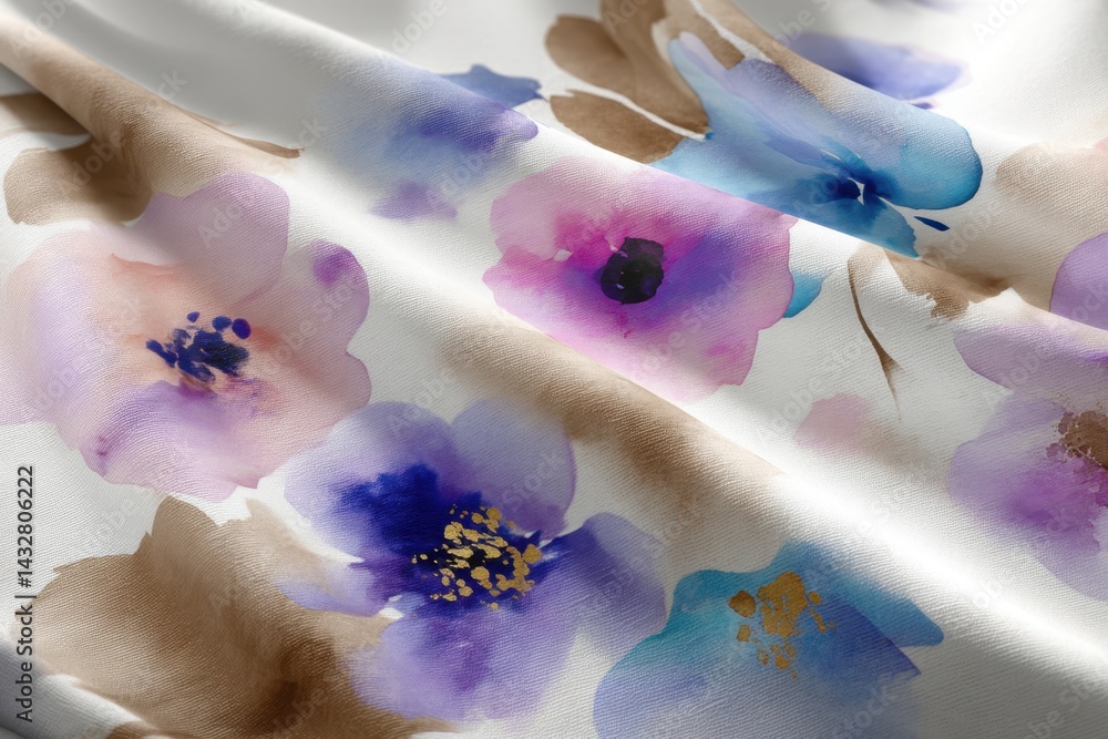 Poster elegant floral watercolor pattern on fabric with soft pastel hues artistic texture and gentle folds 