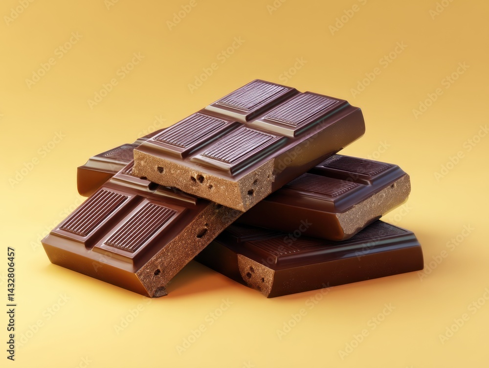 Poster decadent dark chocolate bars stacked high on a warm golden backdrop creating a tempting and inviting