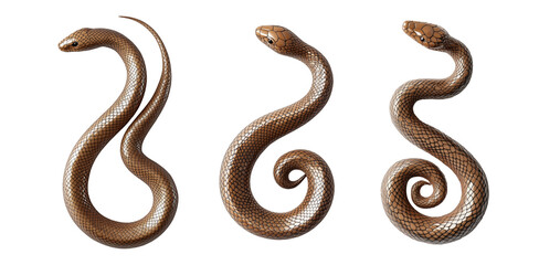 Fototapeta premium Glossy brown snake coiled in a spiral shape isolated on white transparent background, reptiles or wildlife, symbolizing Chinese Lunar New year