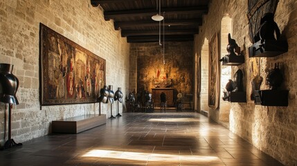 Fototapeta premium Medieval Hallway: Tapestry, Armor, and Stone Walls