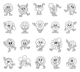Groovy retro flower cartoon characters with coffee, balloons, gifts, emotions, headphones, letters, crowns, gestures, poses, expressions and joy