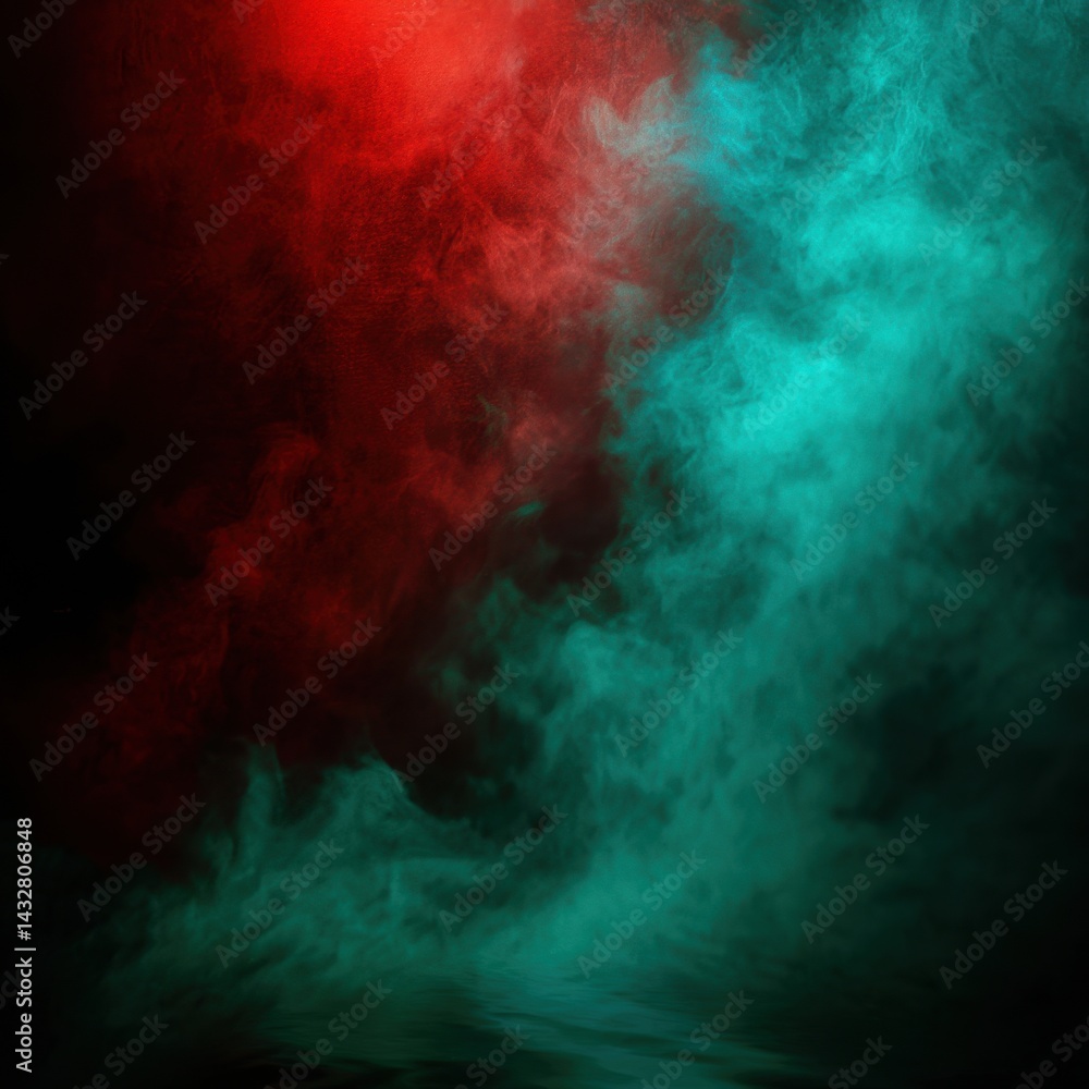 Poster mystical stage illuminated by vibrant red and teal smoke creating an atmospheric and captivating vis
