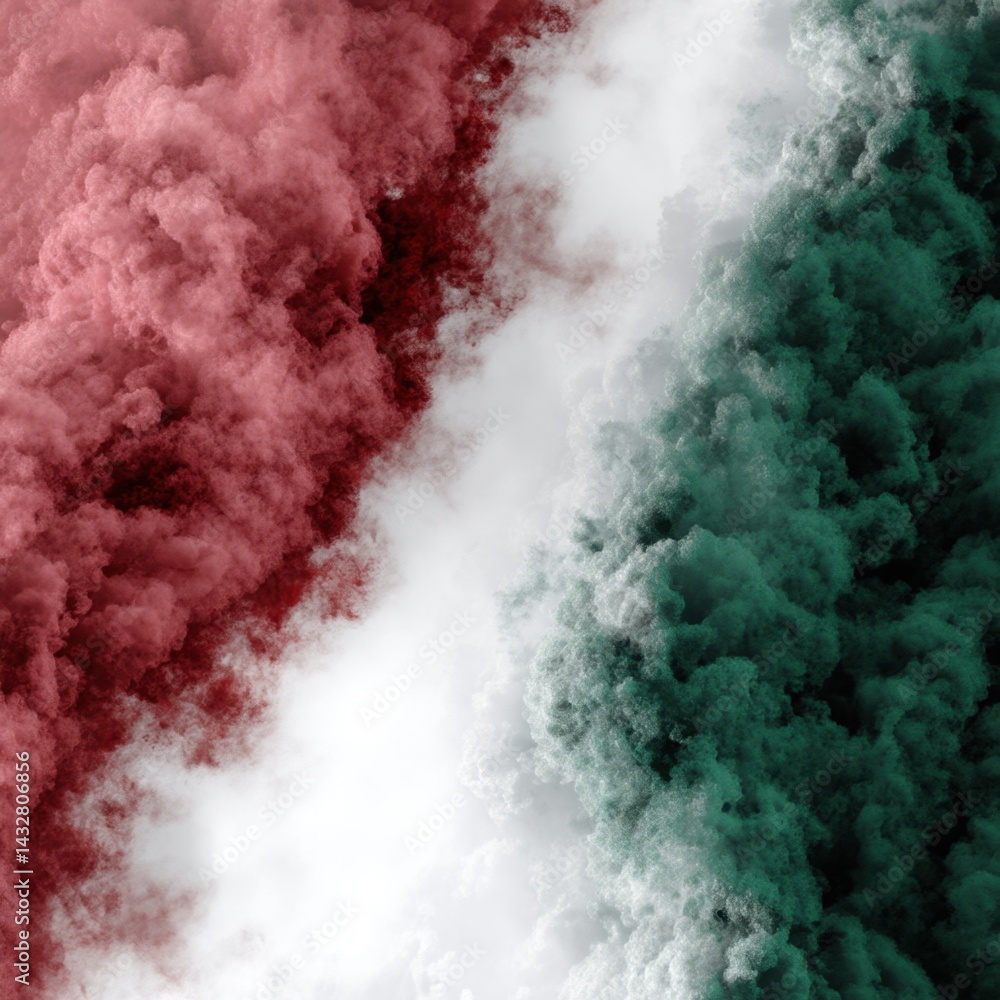 Poster abstract aerial view of dynamic red and green smoke clouds creating a dramatic visual effect, with a