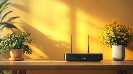Black router with antennas on wood table, yellow background, plants, light. Showcase modern home office setup with internet, design, and comfort.