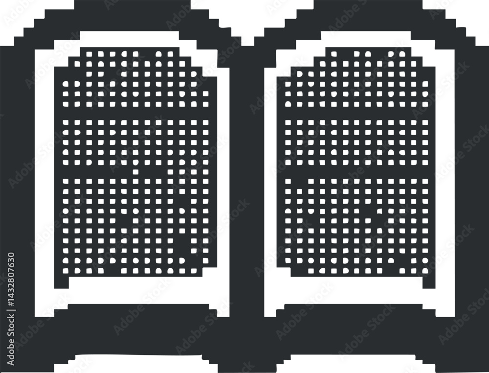 Aufkleber black and white pixelated icon of symmetrical grid gates or windows with geometric square patterns