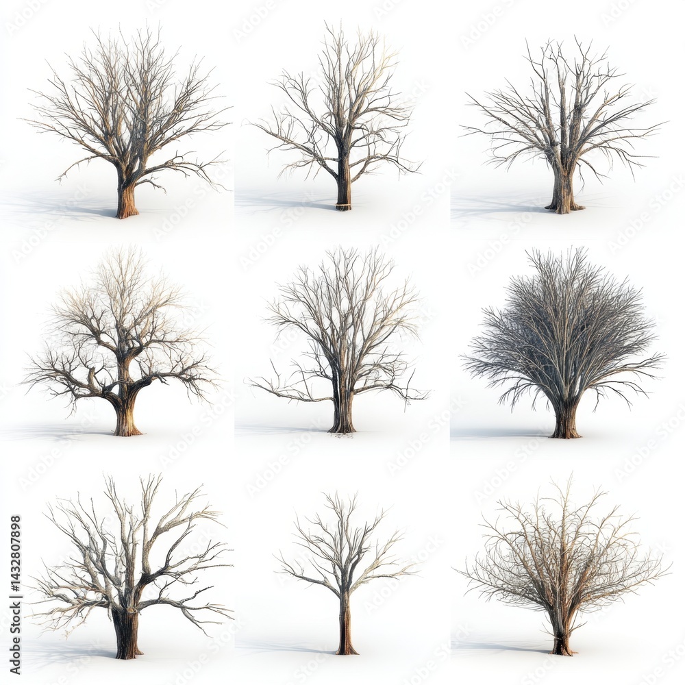Poster collection of leafless trees on white background showcasing winter season bare branches and intricat