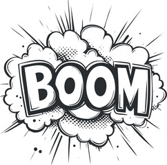 Black and white comic style explosion with the word boom in bold letters © vadymstock