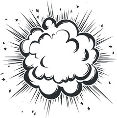Black and white comic style explosion with smoke cloud and radiating burst lines for dynamic impact