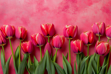 Obraz premium Flat Lay Banner of Pink Tulips on a Pink Background – Elegant Floral Aesthetic