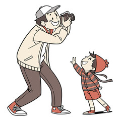 Father and son taking pictures on a trip