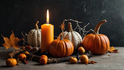 Minimalist Halloween still life pumpkin and orange candle on dark brick wall with autumn leaves