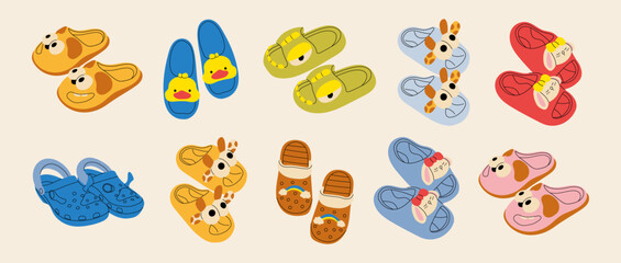 Cartoon women summer colorful shoes. Cute pairs of women shoes, different types, sneakers for girls, summer sandals, espadrilles, house slippers. Stylish modern accessories, fashionable clothes.