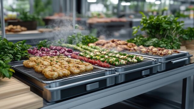 Freshly grilled shrimp, vegetables, and meats steaming on metal trays at a buffet station in a modern restaurant.