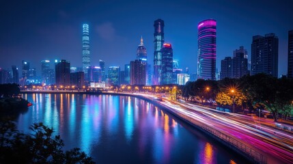 Night cityscape with vibrant city lights reflected on water, showcasing a bustling highway with light trails.