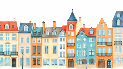Fototapeta premium Watercolor cityscape illustration of European architecture modern flat design, warm terracotta and cool teal, adorable cute charming features, earthy cool contrast, simple two-dimensional shapes.jpg
