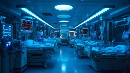 Intensive care unit at night, patients in beds with medical equipment.