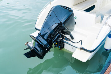 Close-up of a modern black outboard motor attached to the back of a white motorboat on calm green...