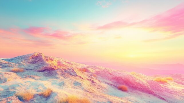 Pastel colored rocky hills glow under a vibrant pink and blue sunrise sky in a serene wilderness landscape.