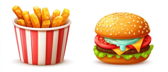 Delicious cartoon burger with sesame bun and crispy fries in striped container on white background tasty food illustration