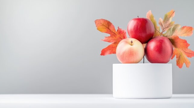 Fresh red and yellow apples with autumn leaves arranged on a white pedestal against a clean gray background.