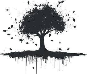 Black and white abstract silhouette of a tree with falling leaves and grunge paint effects