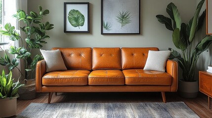 Elegant brown leather sofa nestled within a plant-filled, light and airy living room