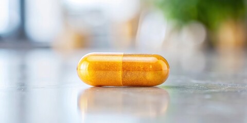 A capsule of vitamin C sitting on a desk with a blurred background of a white surface