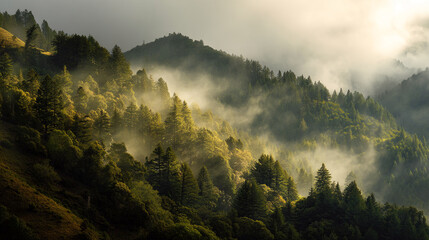 Misty mountain landscape, sunlight filtering through fog, illuminating green coniferous forest on hillside, evoking serenity and natural beauty