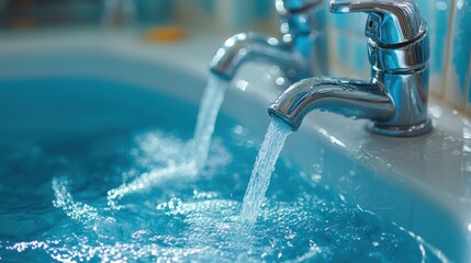 Shiny chrome faucets with clear water flowing into a white ceramic sink. Showcases clean water, hygiene, or water conservation in a bathroom setting.