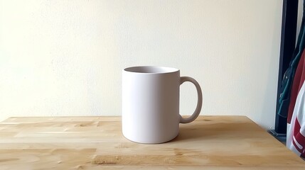 Minimalist Ceramic Coffee Mug with Matte Finish on Wooden Table Background