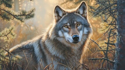 Obraz premium Majestic gray wolf in a sunlit forest, eyes fixed on the viewer.