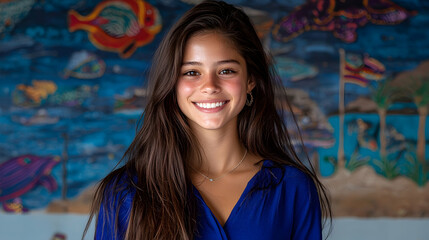 Naklejka premium Portrait of a Smiling Young Woman with Brown Hair in a Blue Shirt Against a Colorful Fish Mural