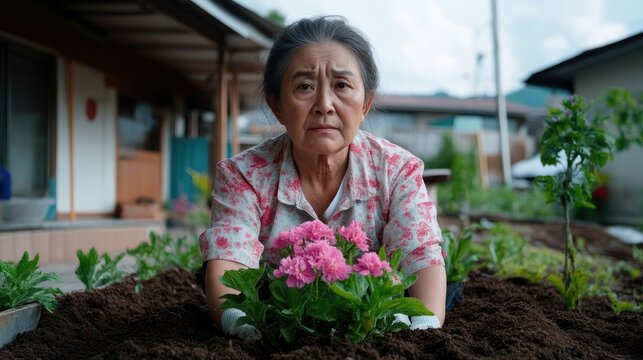 Elderly Asian woman looking at the camera while planting pink flowers in the soil of her backyard garden.