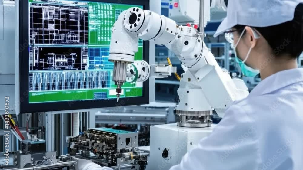 Wall mural a high-tech manufacturing facility integrating iot hardware for real-time monitoring.