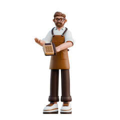 A 3D barista character holding a credit card reader, ideal for cafe or restaurant-related designs and marketing.