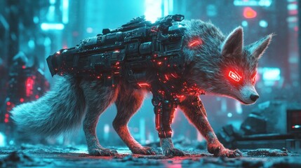 Cybernetic wolf in futuristic city.