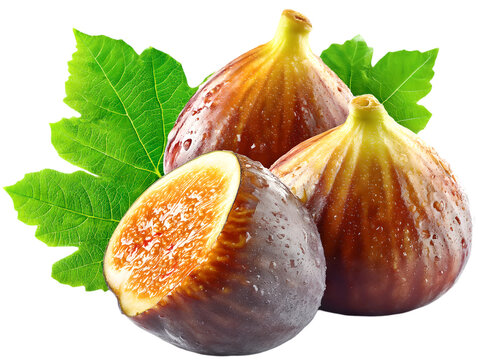 Three ripe figs, one sliced open revealing its fleshy interior, are accompanied by vibrant green leaves