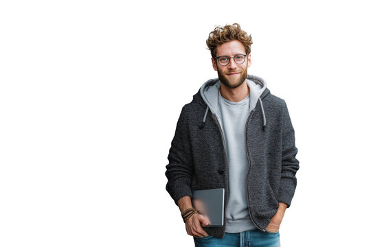 L&auml;chelnder Mann in Hoodie mit Laptop PNG mit transparentem Hintergrund

