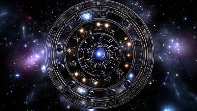 Experience a mesmerizing display of a mystical zodiac wheel featuring intricate celestial symbols, vibrant colors, and stunning cosmic elements that captivate the imagination
