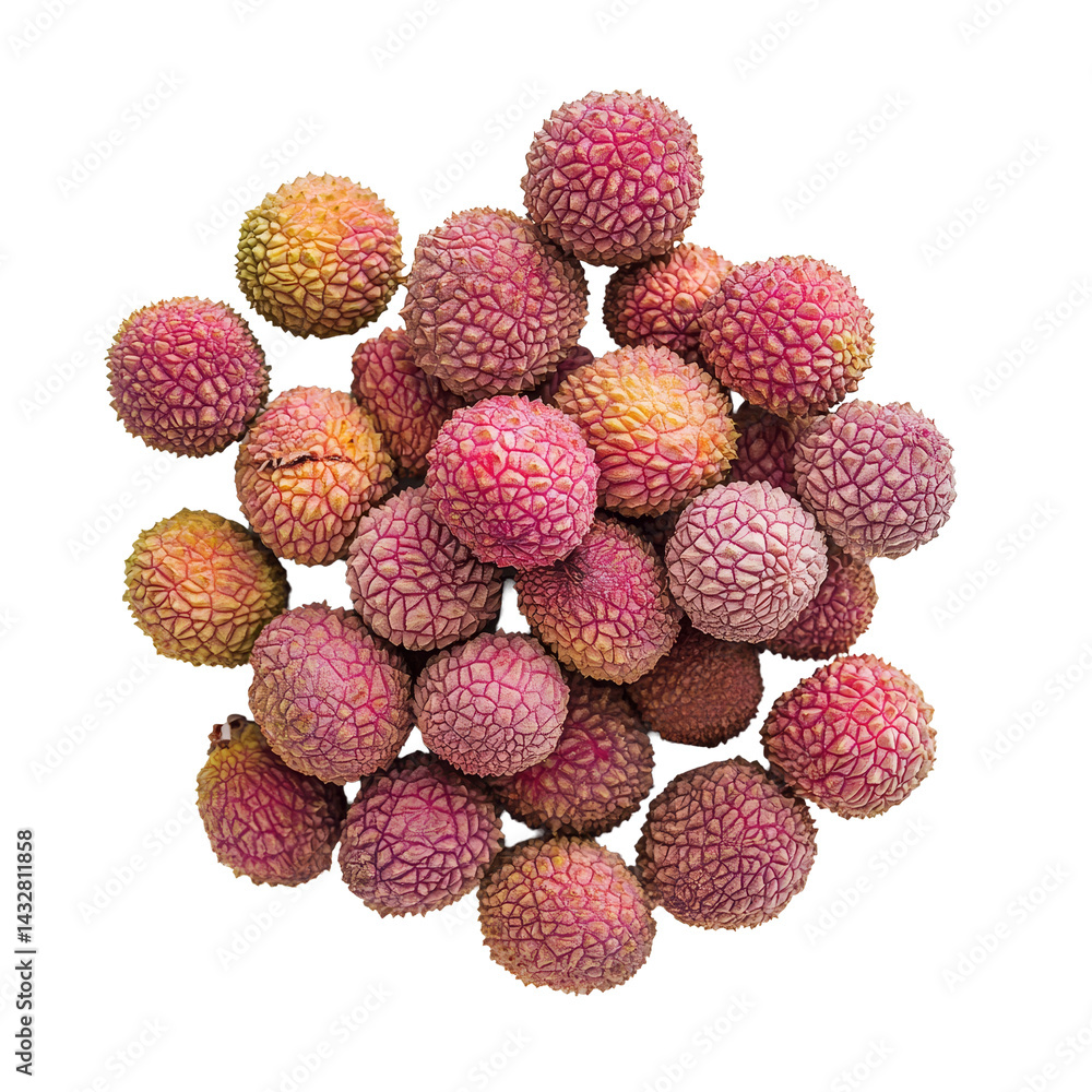 Poster top view of fresh lychee fruit clusters on a clean transparent background, showcasing their vibrant 